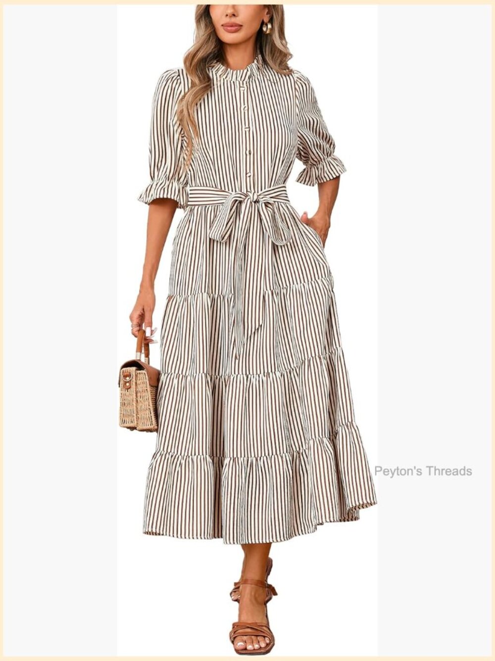 Striped Ruffle Collar Maxi Dress Half Sleeve Button Down Flowy Beach Vacation - Picture 1 of 7